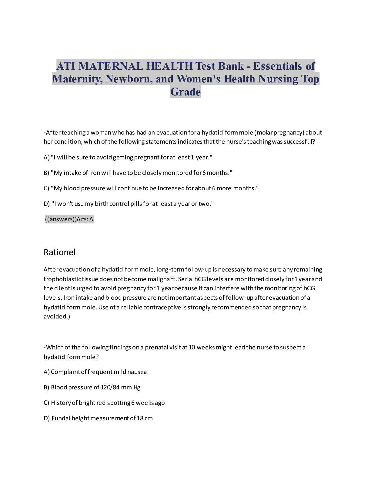 Preview of ATI MATERNAL HEALTH Test Bank - Essentials of Maternity, Newborn, and Women's Health Nursi
